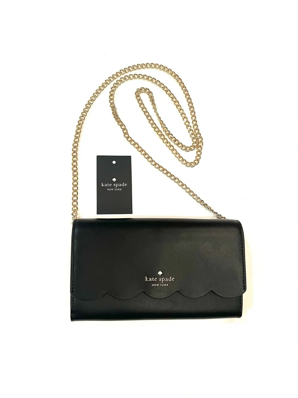 kate spade Gemma Black Leather Scalloped Crossbody Wallet on a Gold Chain NEW